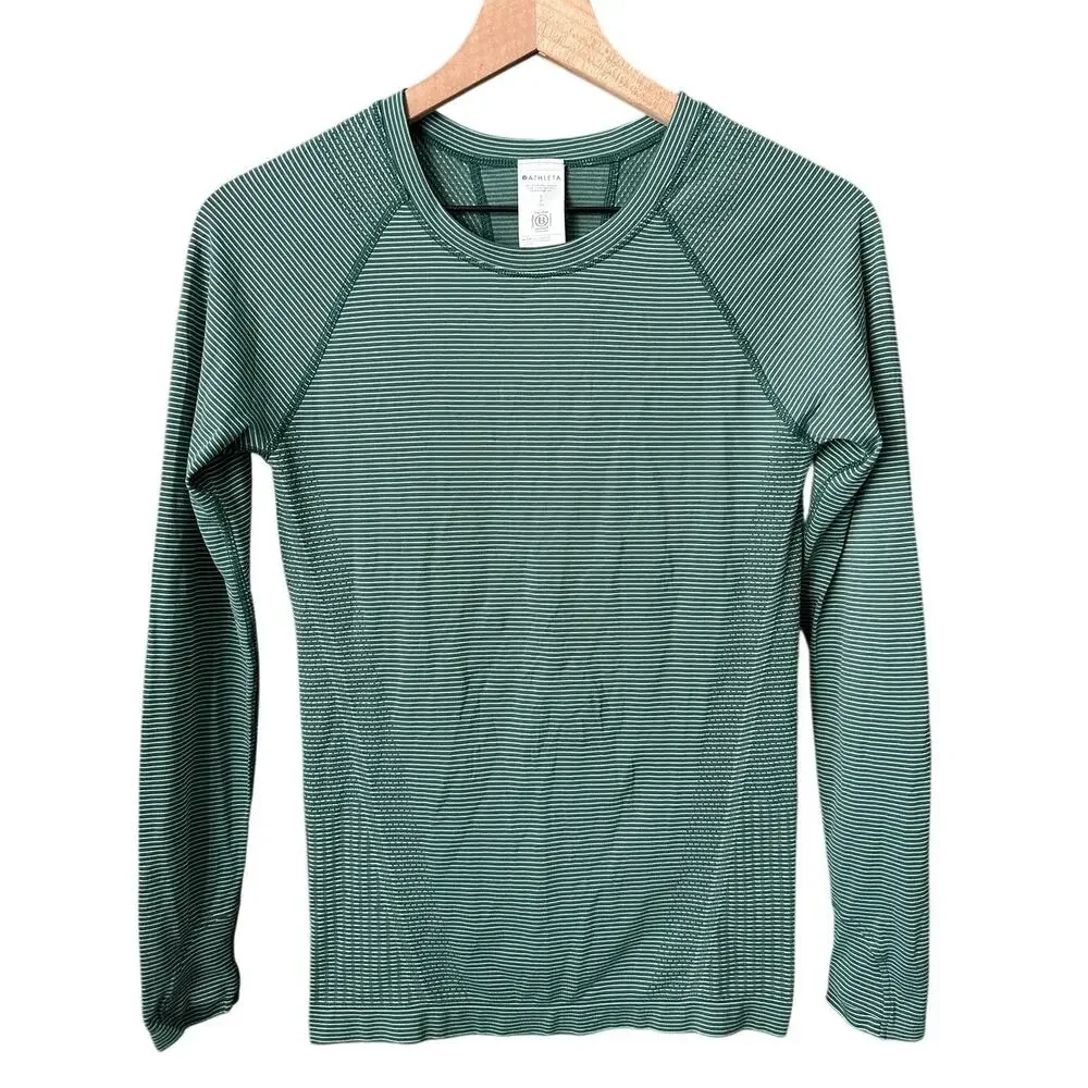 Athleta Momentum Seamless Top Long Sleeve Green Stripe Small